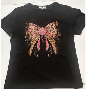 Y & F Womens Black Leopard Bow Feather Rhinestone Graphic T-Shirt Size S/M